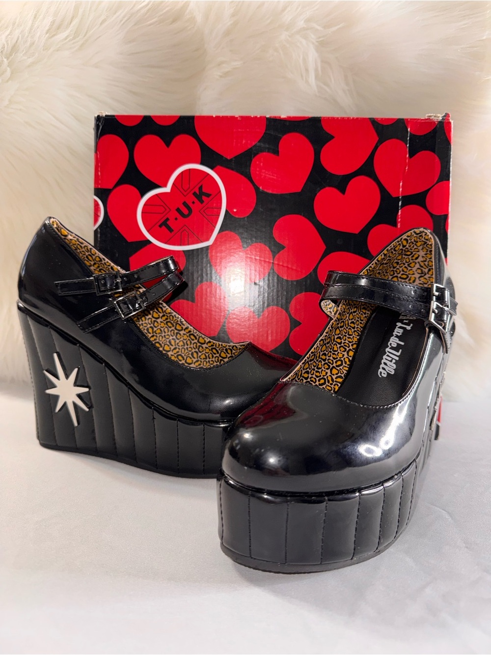 T.U.K Black Patent Star-Platform Mary Jane Wedges